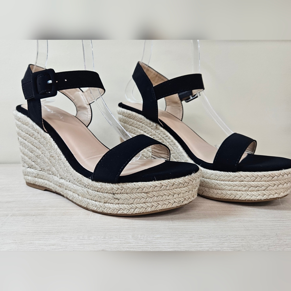 ANNA | Size 7.5 | Black Espadrille Wedge Sandals with Ankle Strap
